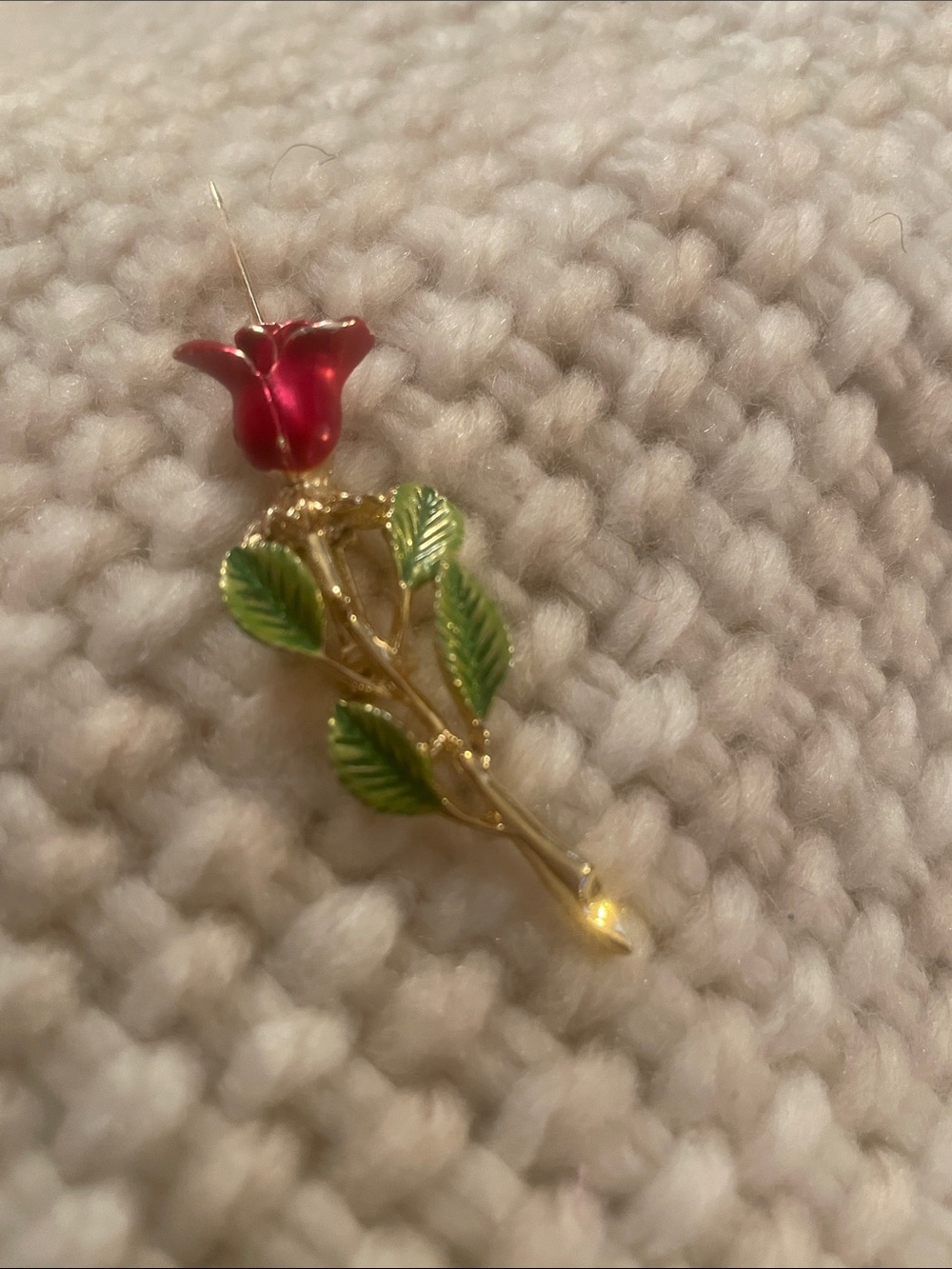 Vintage Gold-tone Rose Brooch with Red Enamel Flower and Green Leaves